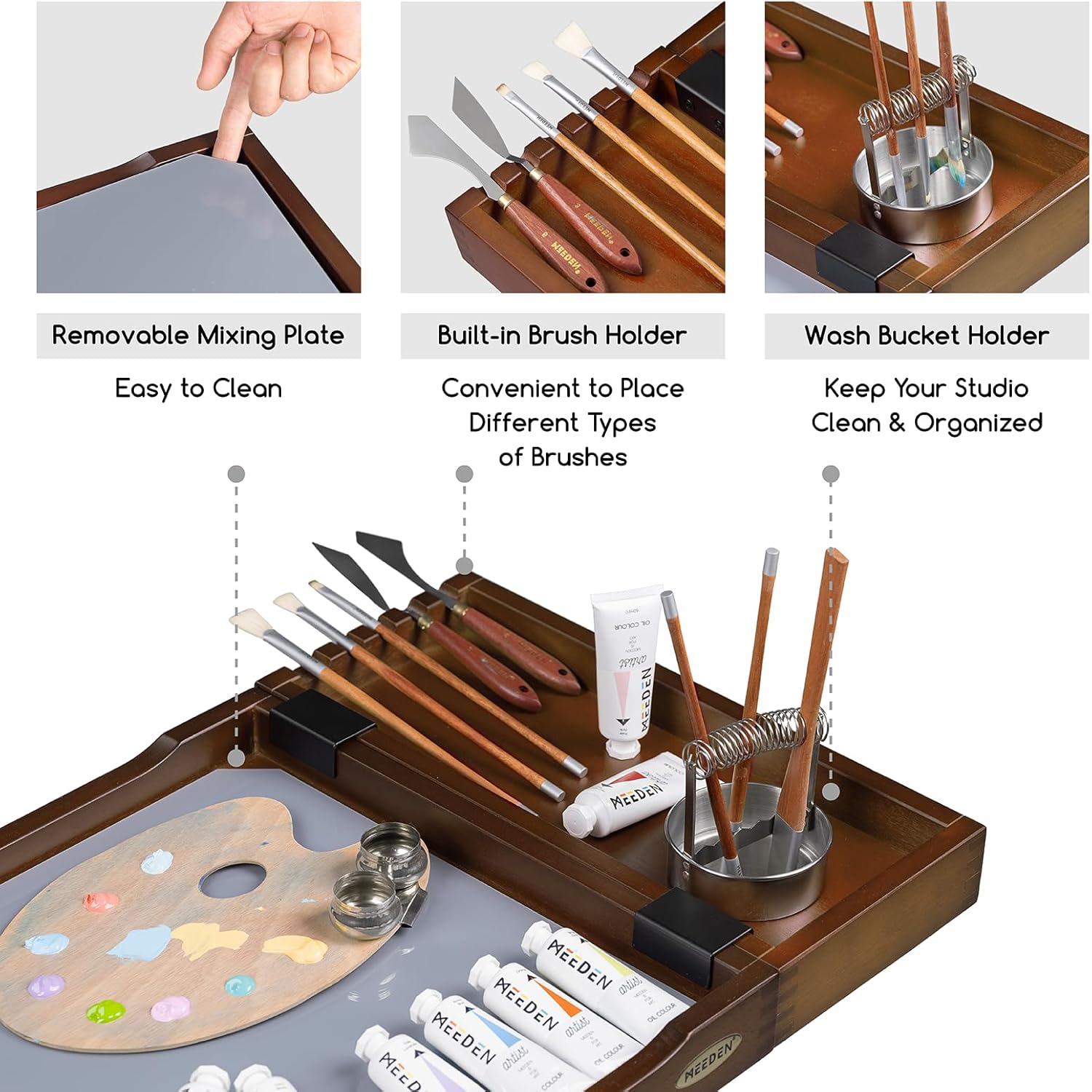 MEEDEN Art Supplies Storage Cart: 5-Tier Solid Beech Wood Utility Rolling Cart with 3 Drawers - Craft Orgnizer on 4 Wheels - Walnut Color