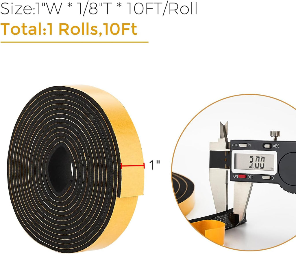 10 Feet Weather Stripping Door Seal, 1" Wide X 1/8" Thick Door Seal Strip High Density Foam Tape Adhesive Strip for Door Soundproofing,Window Insulation (1" x 1/8" x 10FT,Black)