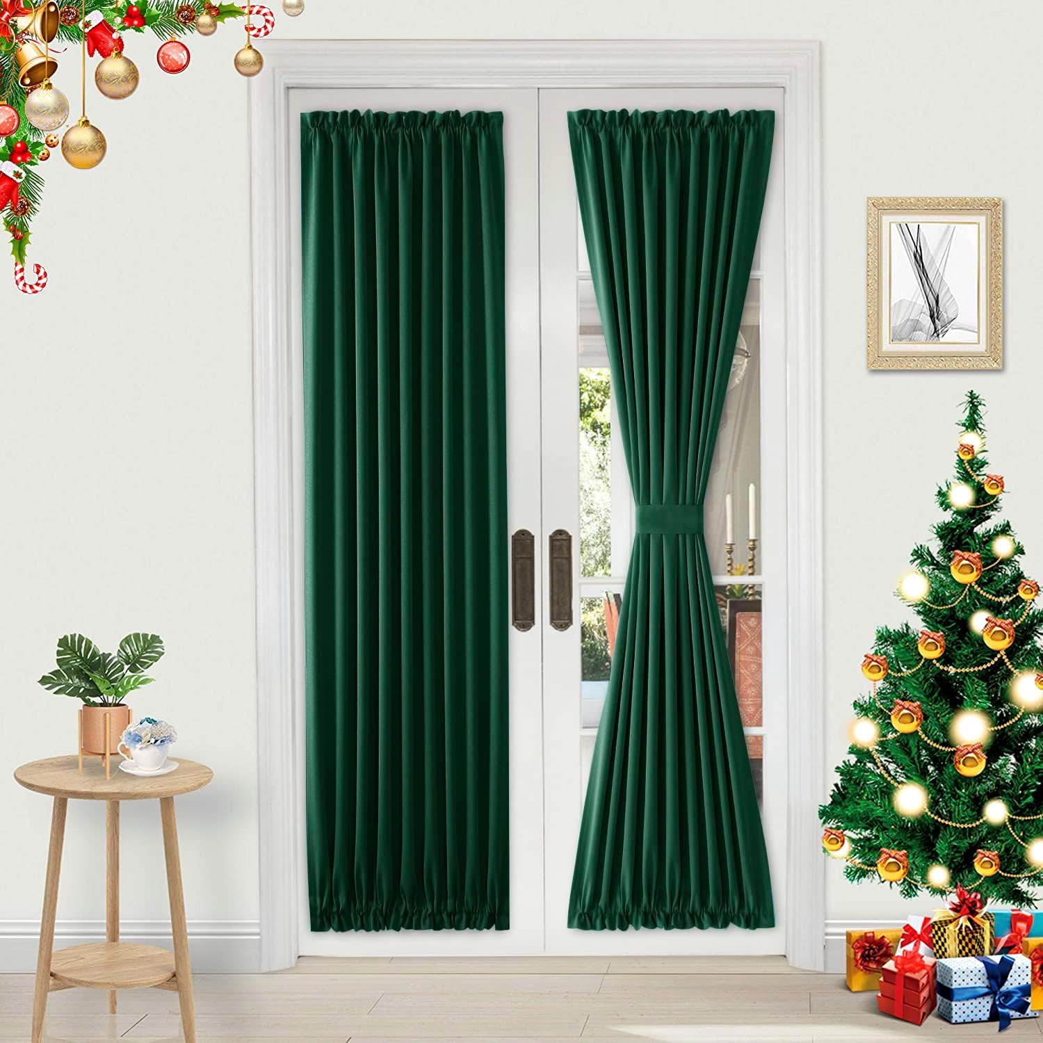 DWCN French Door Curtains – Rod Pocket Thermal Blackout Curtain for Doors with Glass Window, Kitchen and Patio Doors for Privacy, 36 X 72 Inches Long, 1 Curtain Panel with Tieback,Hunter Green