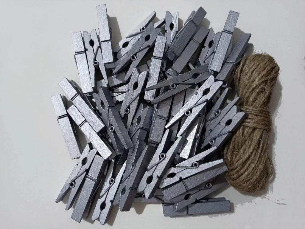 1.8 Inch Silver Wooden Clothespins Hold Picture Photo Clothesline Pins Hanging Christmas Cards with Jute Twine Pack 50