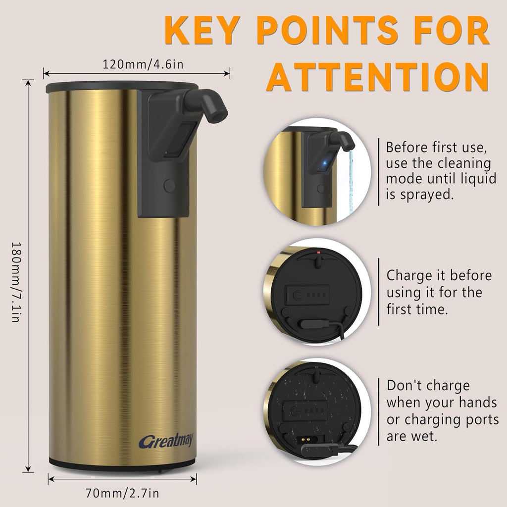Automatic Soap Dispenser,Stainless Steel Material, Rechargeable Touchless Hand Sanitizer Pump,4 Adjustable Levels Smart Electric Dispenser,Suitable for Bathroom,Kitchen (Gold)