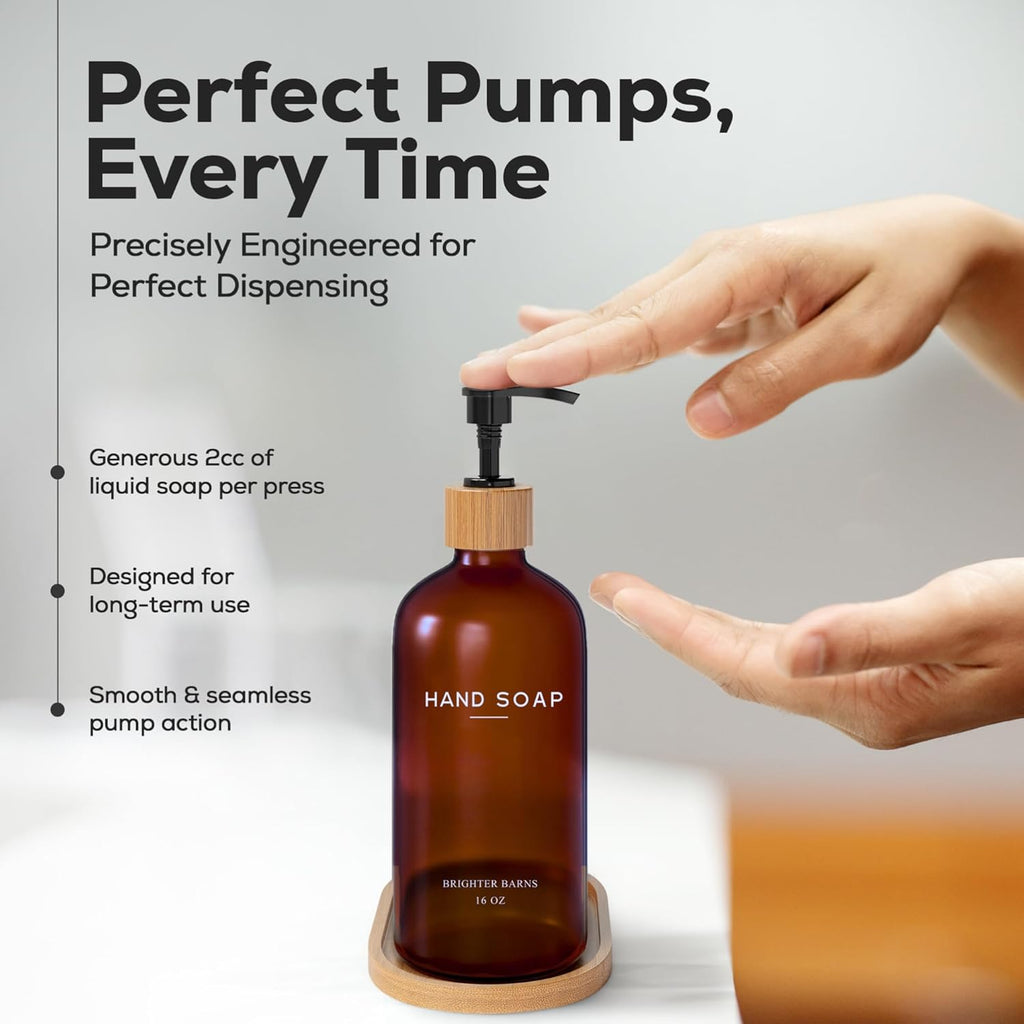 Amber Glass Soap and Lotion Dispenser Set with Tray by Brighter Barns - Hand Soap Dispenser Bathroom Set - Glass Bottles with Pump - Bamboo Home Accessories & Modern Bathroom Decor for Airbnb (Amber)