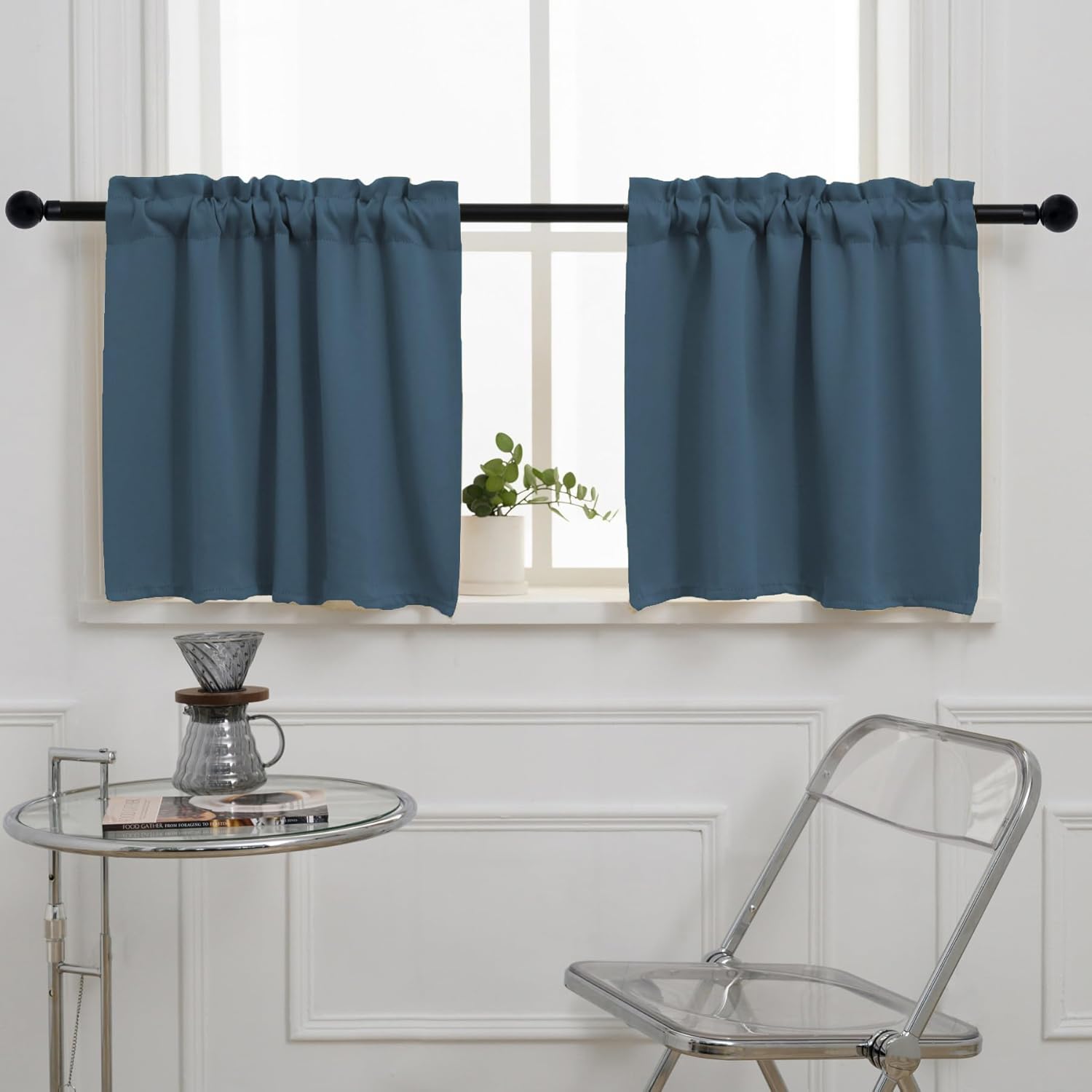 Pickluc Cafe Curtain (Half Window Curtain) 24 Inches Length, Rod Pocket Kitchen Curtain, Short Blackout Curtain for Small Window, 30" Wide and 30" Long, 2 Panels, Stone Blue