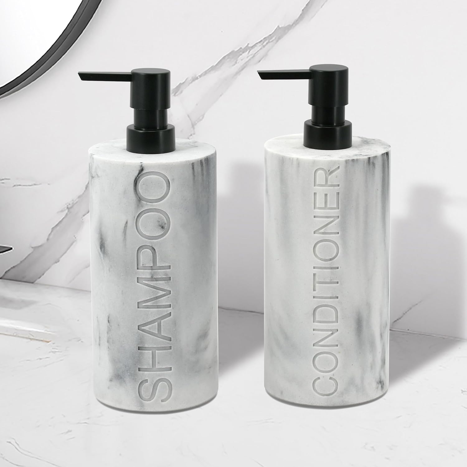 Marble Resin 2 Piece Shampoo and Conditioner Dispenser Set, Luxurious Refillable Pump Bottles with Matte Pump Top and Embossed Text, Durable Design for Bathroom and Shower
