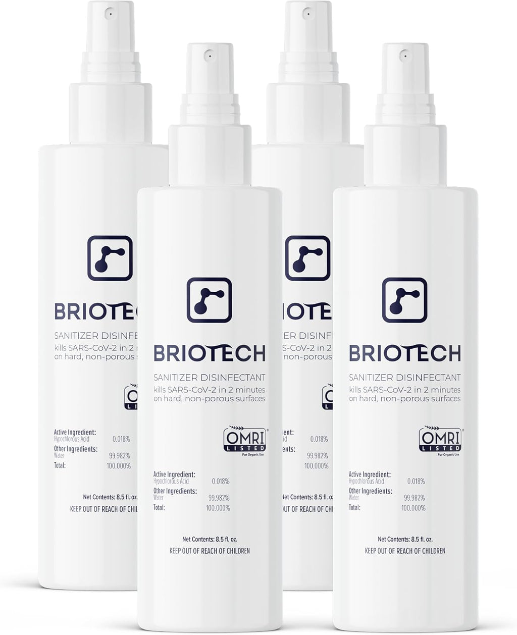 BRIOTECH Sanitizer Disinfectant Hypochlorous Spray, Kill 99.99% of Viruses & Bacteria, Control Mold, Eliminate Odor, Gentle for Nursery & Play Rooms, Food Contact Surface Sanitizer, 8 fl oz (4 Pack)