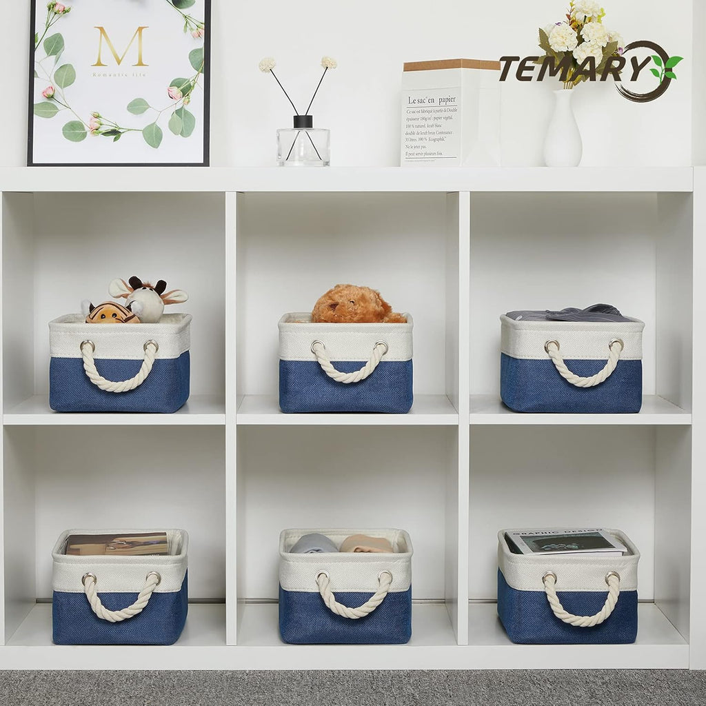 Temary Small Storage Baskets for Shelves, 6 Pcs Empty Gift Baskets for Organizing Clothes, Books, Fabric Storage Bins with Rope Handles (White&Blue,11.8 L x 7.9 W x 5.3 H inches)