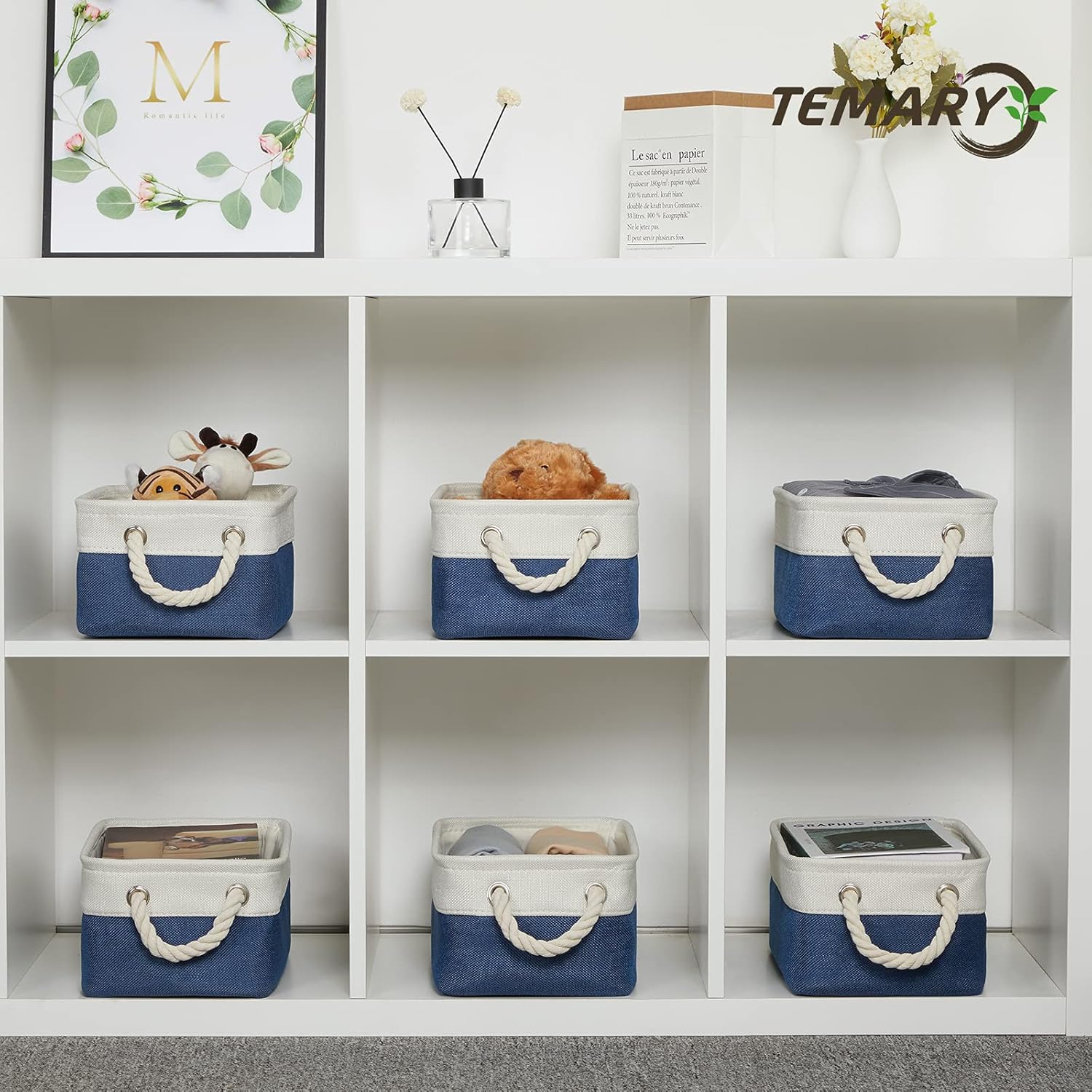 Temary Small Storage Baskets for Shelves, 6 Pcs Empty Gift Baskets for Organizing Clothes, Books, Fabric Storage Bins with Rope Handles (White&Blue,11.8 L x 7.9 W x 5.3 H inches)