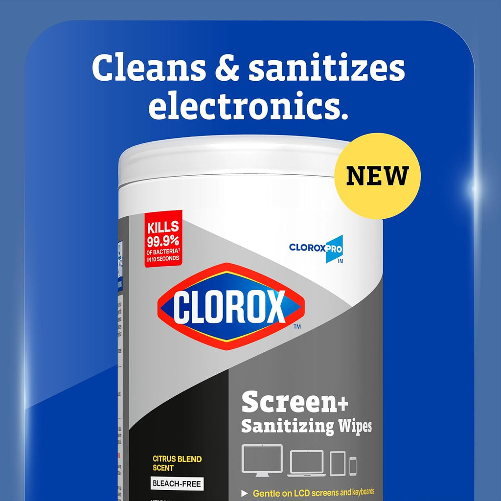CloroxPro Clorox Screen+ Sanitizing Wipes, Bleach Free Cleaning Wipes, Citrus Blend Scent, 75 Count, Pack of 6