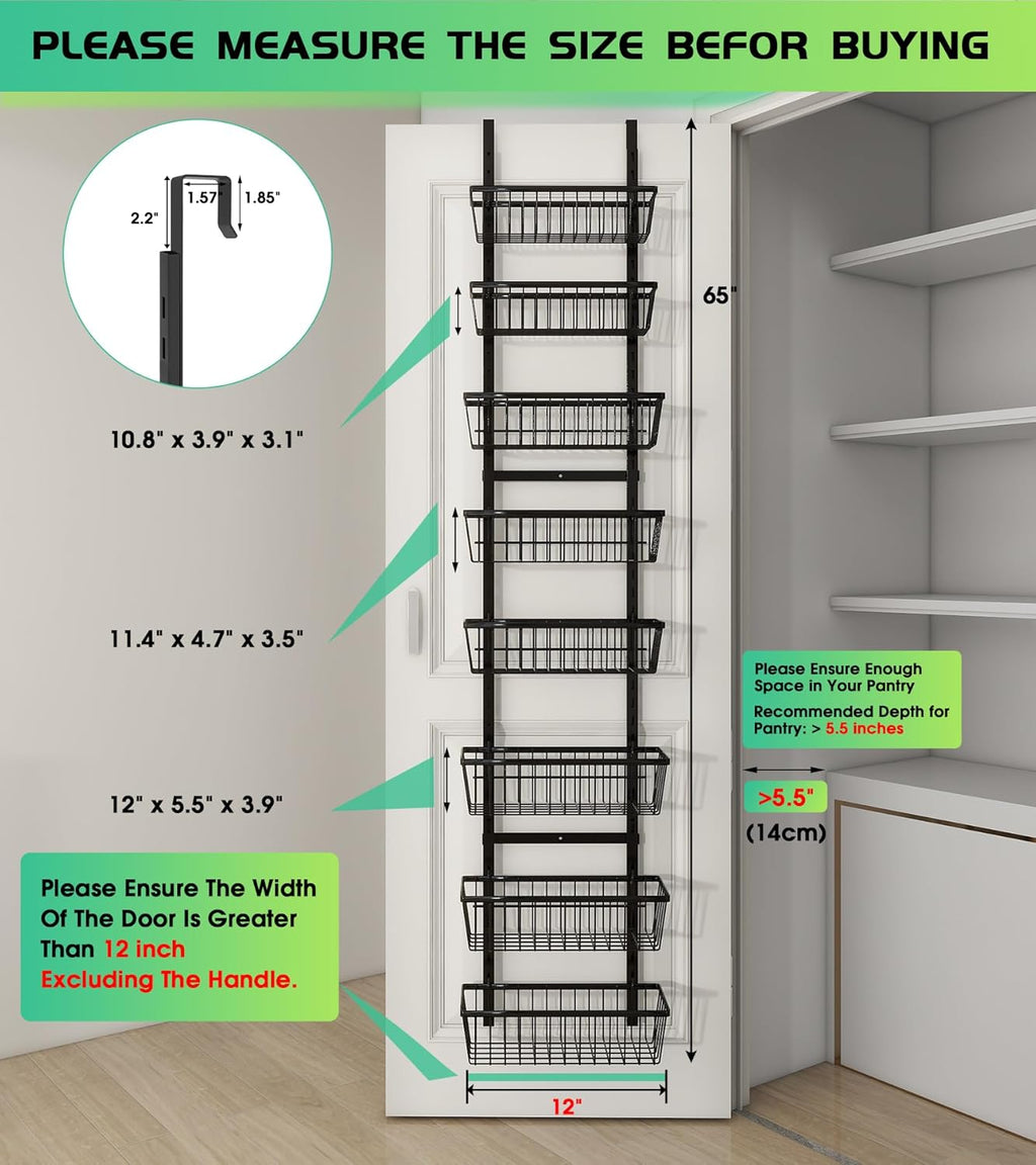 12 Inch Wide Narrow Over The Door Pantry Organizer, Pantry Organization and Storage, Black 8-Tier Metal Hanging Deep Basket Wall Spice Rack Seasoning Shelves, Home & Kitchen Essentials