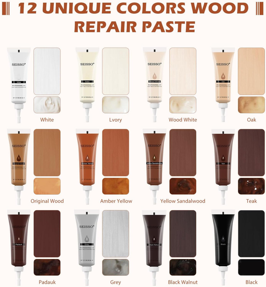 SEISSO Furniture Repair Kit, 12 Colors Wood Touch up Paint, Wood Stain, Wood Filles, Wood Paint Restore Any Wooden Floors, Cabinet, Tables, Carpenters, fix furniture Scratches, Cracks, Hole