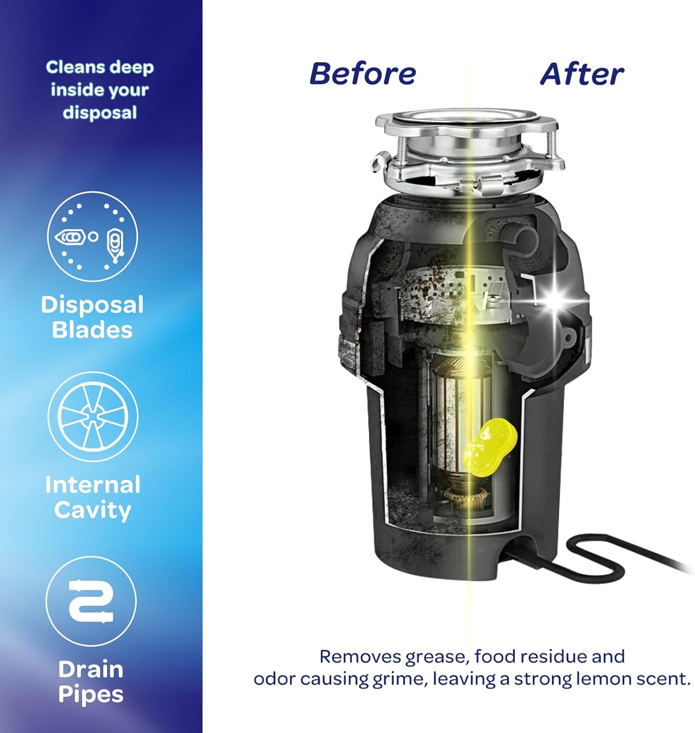 Garbage Disposal Cleaner and Deodorizer Tablets - Kitchen Sink Cleaner and Deodorizer, Septic Safe, Lemon Scent, Removes Odor-Causing Residues (24 Pack)