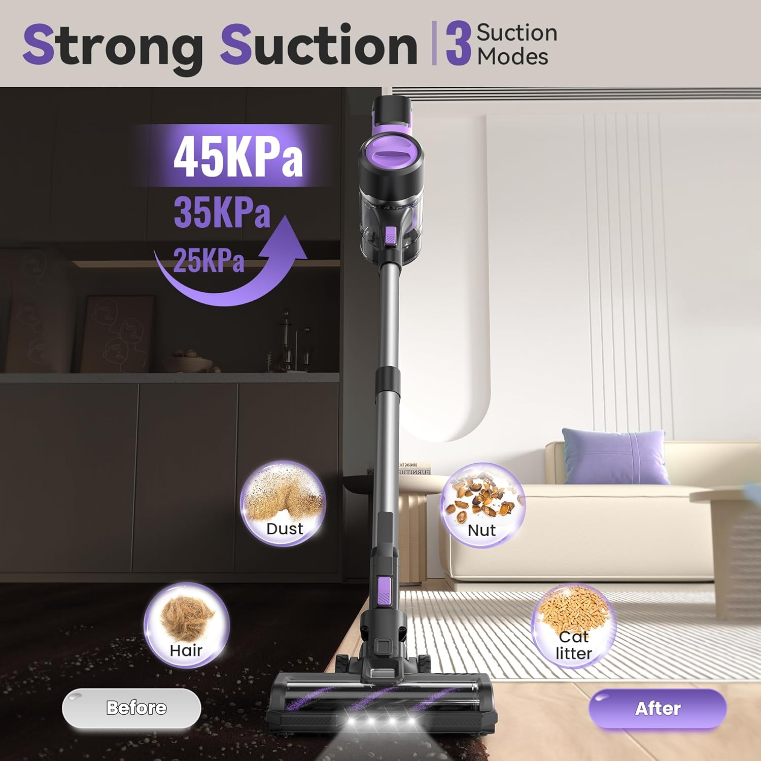 DEVOAC S10 Cordless Vacuum Cleaner, 45Kpa 50mins Lightweight Stick Vacuum with Powerful Suction for Home, Rechargeable, Self-Standing, Handheld Vacuum Cleaners for Hardwood Floors, Carpets Violet