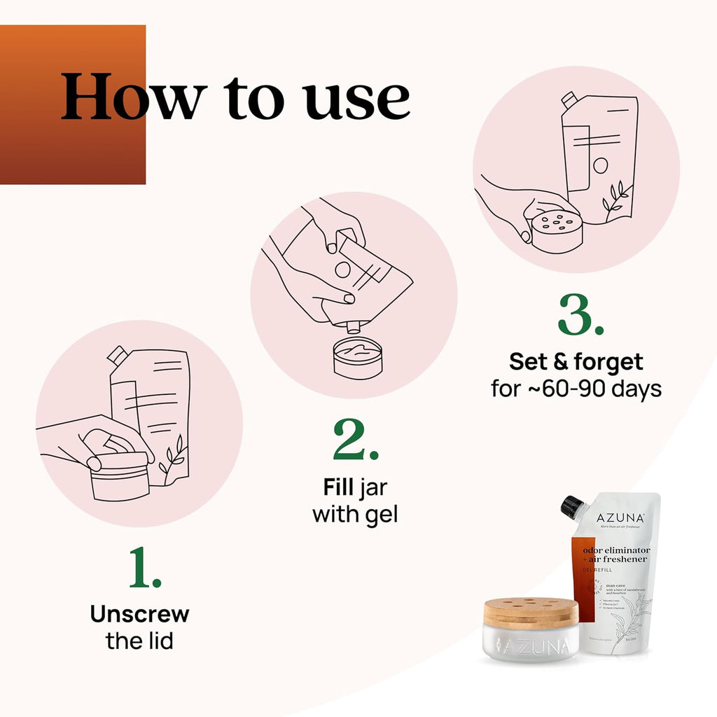Azuna Air Freshener & Odor Eliminator for Strong Odor | 1 Room Kit Includes (1) Empty Luxe Glass Jar & 8oz Refill with Tea Tree Essential Oil Gel | Sandalwood | Last 60-90 Days
