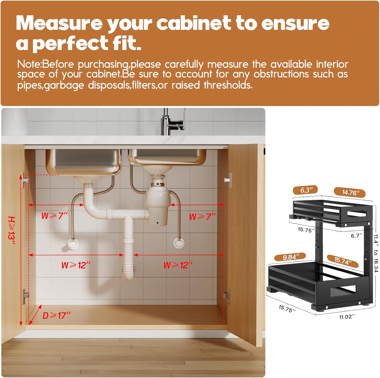 1-Pack Under Sink Organizers and Storage,2-Tier L Shape Pull Out Cabinet Organizer With Round Tube Slide Rails,Hight Adjustable Slide Out Drawers for Kitchen&Bathroom,Multi-Purpose Storage Shelf-Black