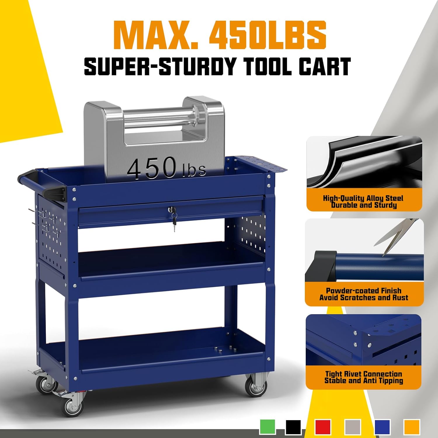 3 Tier Rolling Tool Cart with Drawers, 450 LBS Capacity Tool Cart on Wheels, Heavy Duty Rolling Utility Cart with Drawers, Rolling Utility Carts for Garage, Warehouse and Repair Shop,Blue