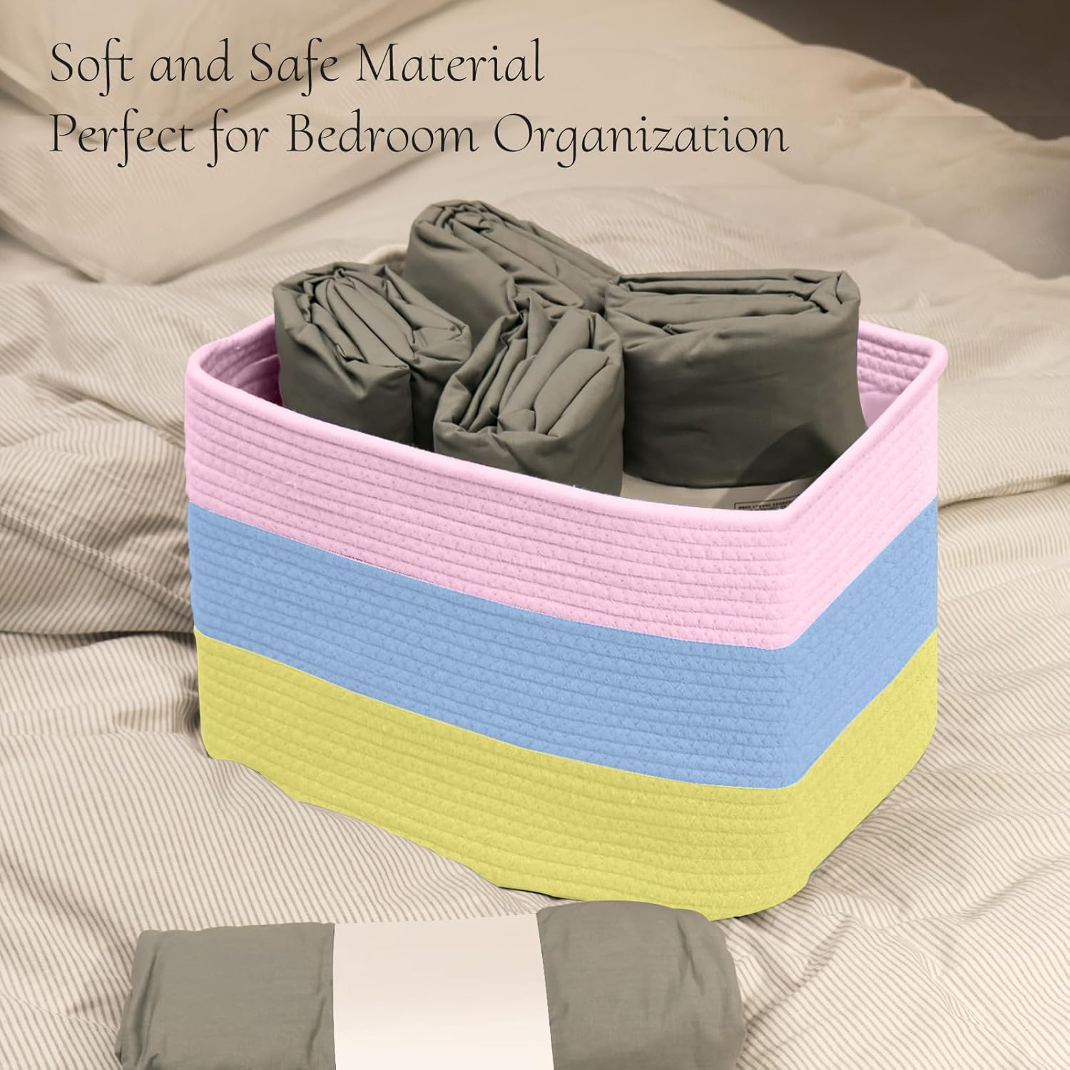 Hopegiver Woven Storage Baskets 15x11x10 Inch, 1 Pack Collapsible Cube Storage Bin for Shelves - Foldable Cotton Rope Organizer Bins for Towels, Toys, Books, Closet, Nursery (Pink Blue Yellow)