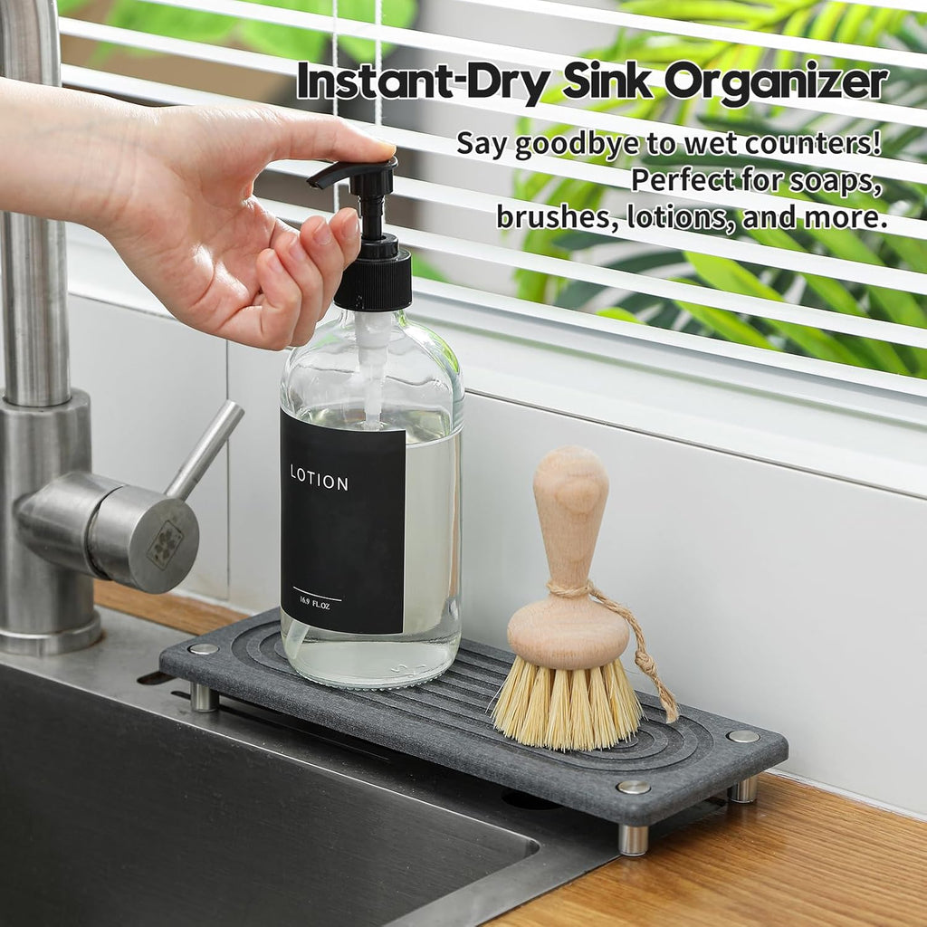 Water Absorbing Stone Sink Caddy Kitchen Sink Organizer Tray, Diatomite Bathroom Counter Tray, Faucet Drying Mat Coaster Soap Dish Rack Riser Dispenser Sponge Holder, Charcoal 10" x 4"