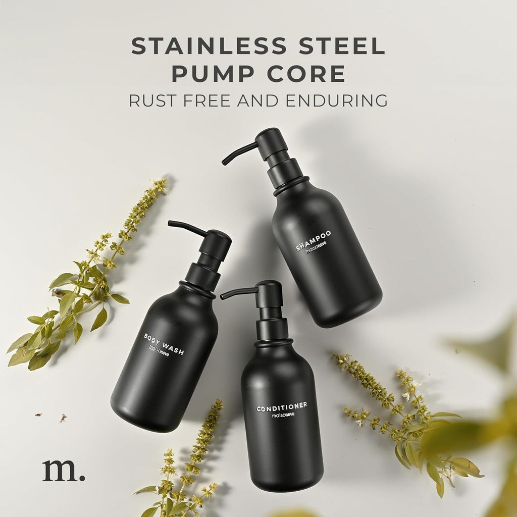 MaisoNovo Refillable Shampoo and Conditioner Bottles | 16.9 fl oz Set of 3 Black Plastic Bottles Black Pumps