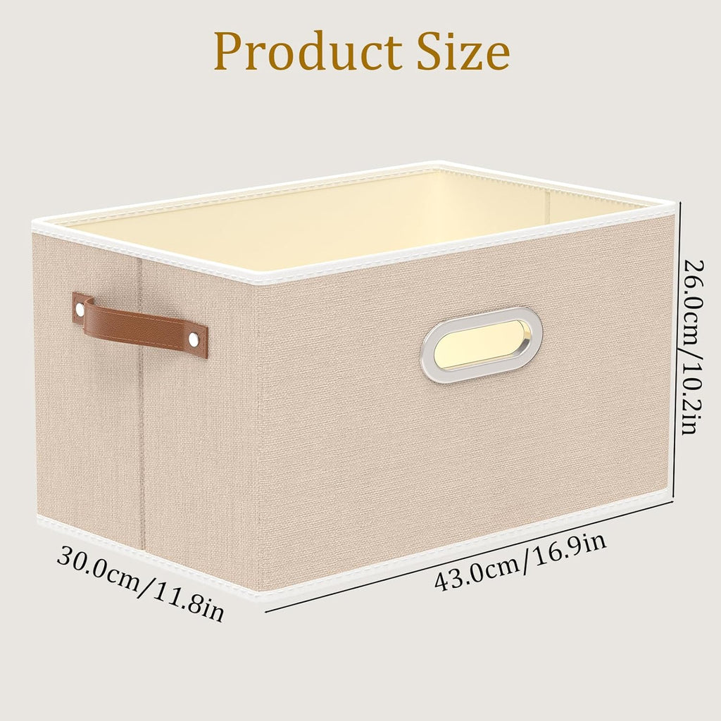 Yawinhe Fabric Storage Bins with Handles, Foldable Baskets for Shelves, Cubes with 3 Handles, Large Boxes for Clothes, Beige, 16.9''Lx11.8''Wx10.2''H, 4-Pack