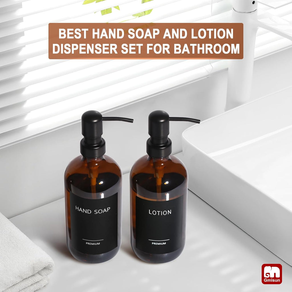 GMISUN Amber Glass Soap Dispenser, 2 Pack Bathroom Hand Soap Dispensers with Stainless Steel Pump, 17 Fl Oz Kitchen Hand and Dish Soap Dispenser Set, Modern Vintage Liquid Brown Soap Dispensers Bottle