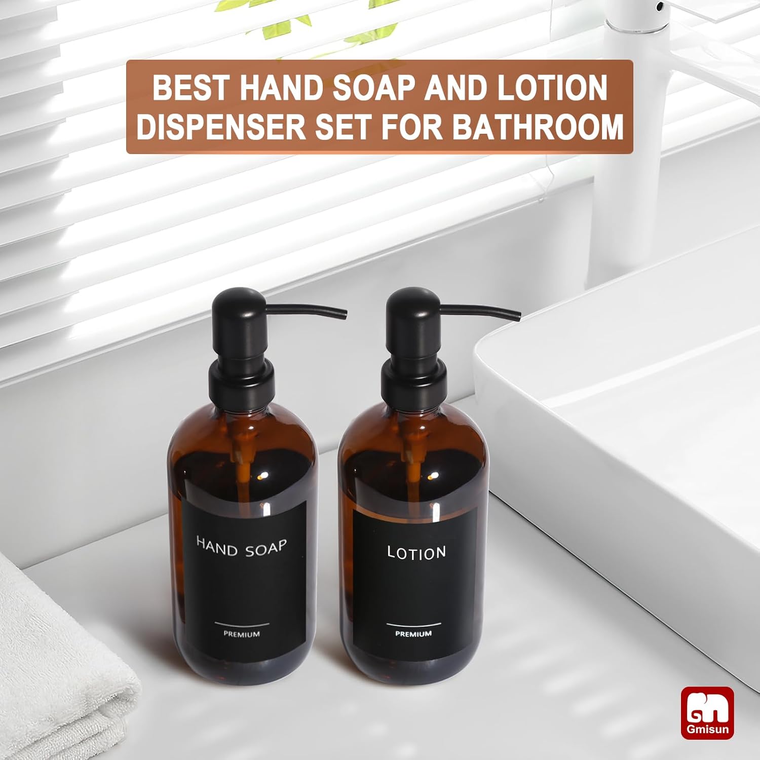 GMISUN Amber Glass Soap Dispenser, 2 Pack Bathroom Hand Soap Dispensers with Stainless Steel Pump, 17 Fl Oz Kitchen Hand and Dish Soap Dispenser Set, Modern Vintage Liquid Brown Soap Dispensers Bottle