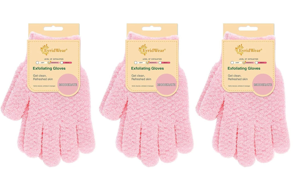 Evridwear Exfoliating Gloves for Shower, 100% Nylon Thick Soft Medium Heavy Bathing Gloves Dead Skin Remover Body Scrubber Smooth Skin with Hang Loop, 3 Pairs Moderate Pink