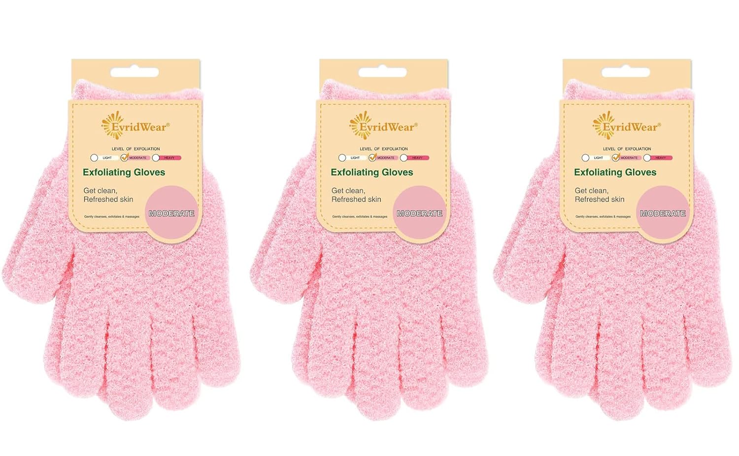 Evridwear Exfoliating Gloves for Shower, 100% Nylon Thick Soft Medium Heavy Bathing Gloves Dead Skin Remover Body Scrubber Smooth Skin with Hang Loop, 3 Pairs Moderate Pink