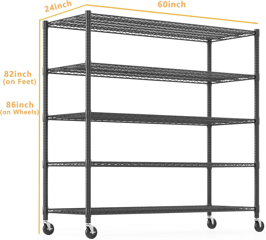Himimi Storage Shelves 60"W Wire Shelving with Wheels 3250LBS Heavy Duty Metal Shelves for Storage, 5-Tier Adjustable Wire Rack Shelving Garage Shelving Kitchen Storage Shelves 24"Dx60"Wx82"H, Black