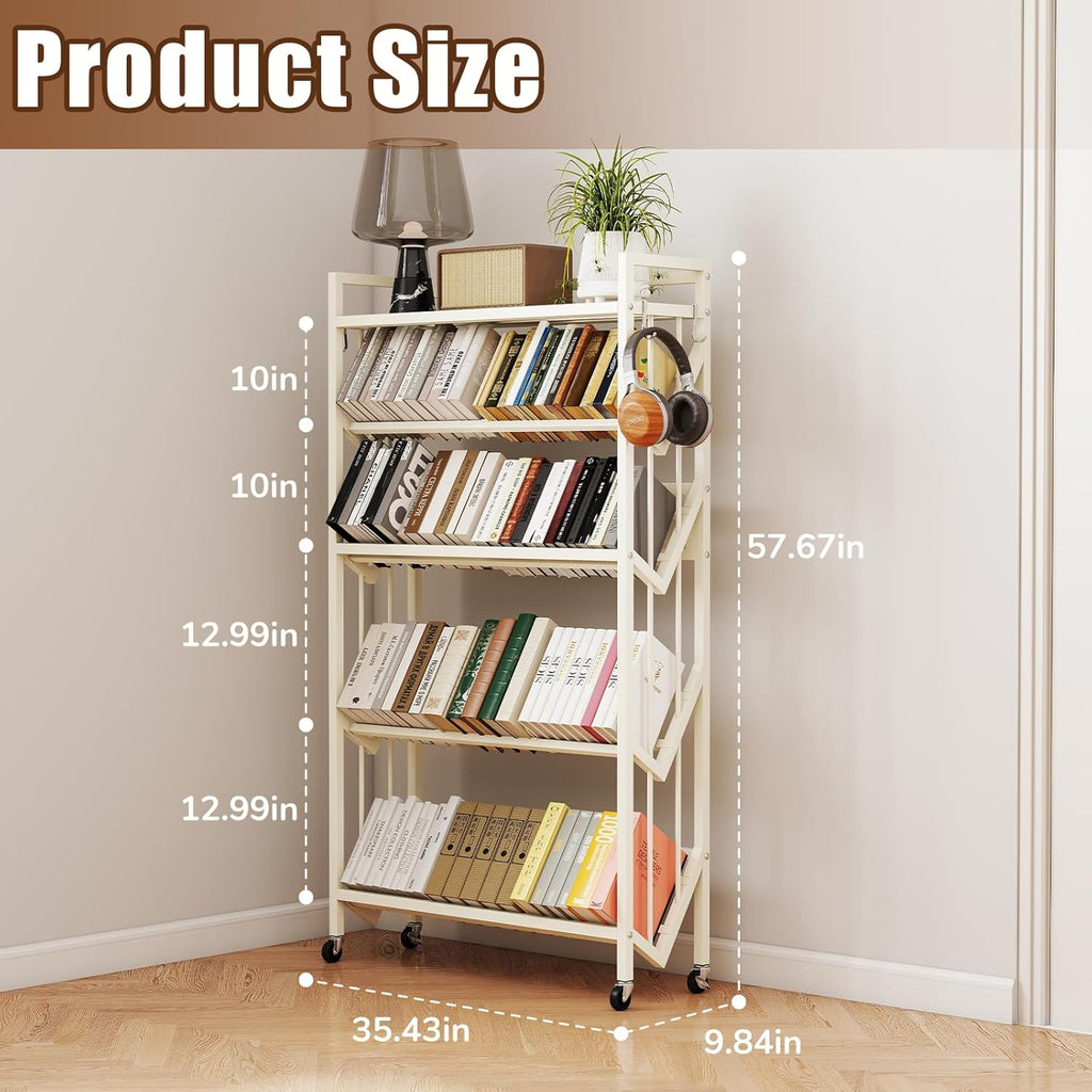 Book Carts 5 Tier 57.7x35.4x9.84 in Rolling Book Cart Large Capacity Bookshelf Storage Rack Mobile Book Storage with Wheels Cart for Home Office Living Room Classroom (5 Tier White)