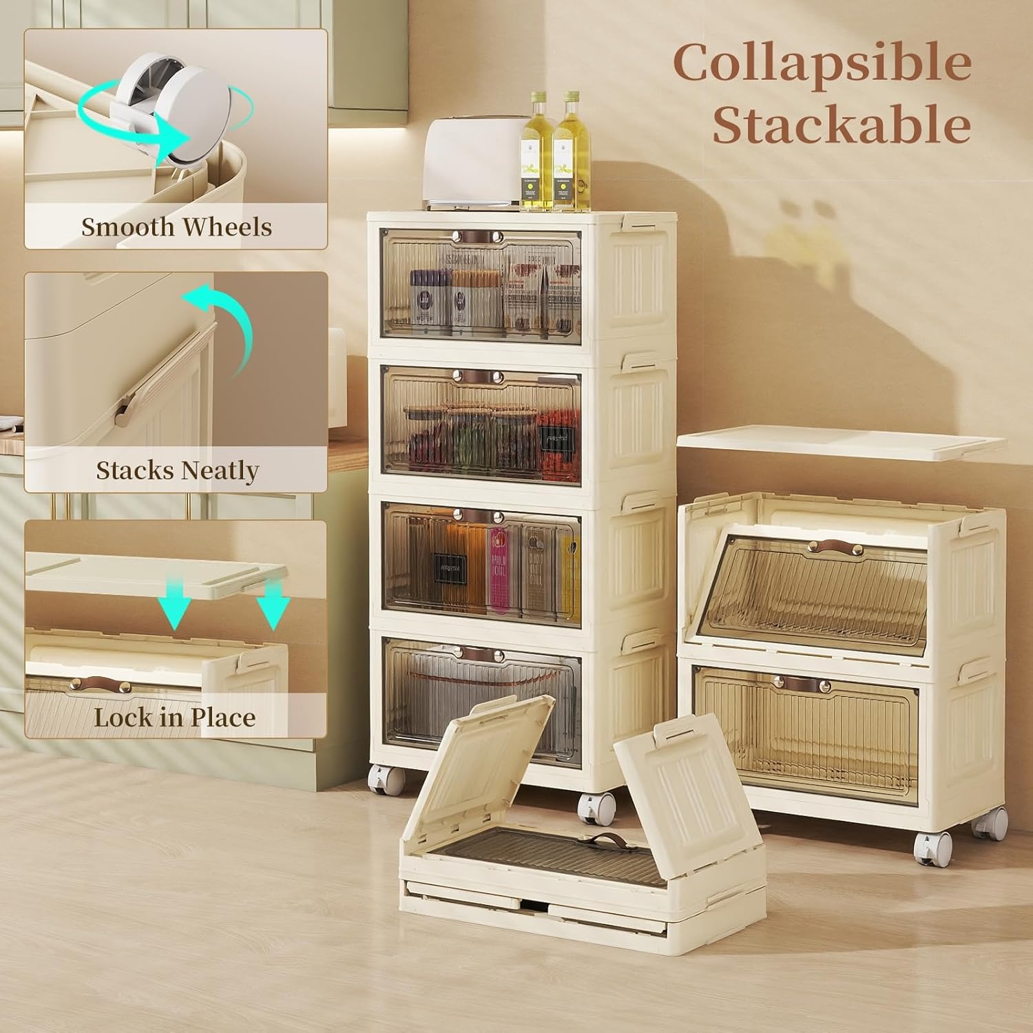 5 Tier - 48QT Storage Bins with Lids, Collapsible Storage Bins with Doors and Wheels, Plastic Storage Cabinet for Easy Storage and Organization for Living Room, Office