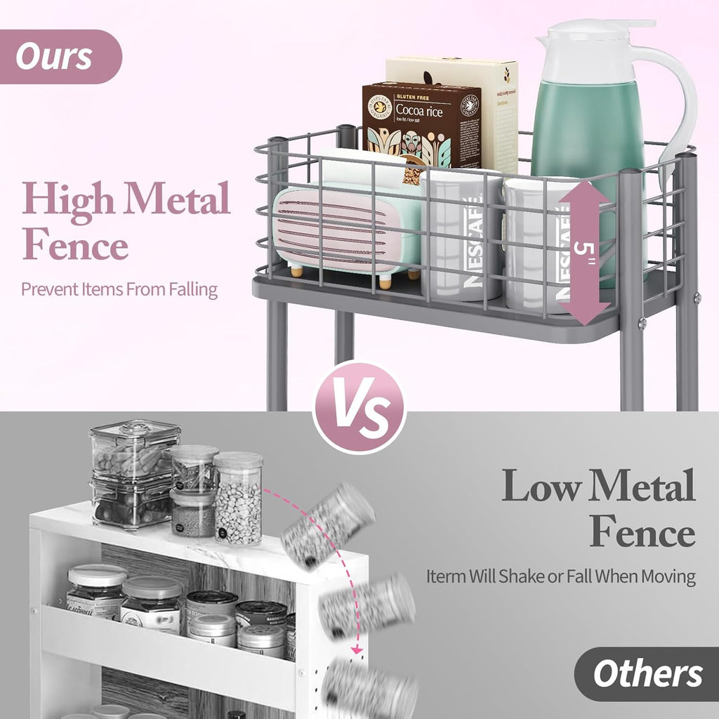 KINGRACK 3 Tier Metal Rolling Cart, Kitchen Organizers and Storage, Slim Storage Cart on Wheels, Laundry Room Organization, Diaper Cart Shelving Unit for Bathroom, Office, Bedroom, Grey