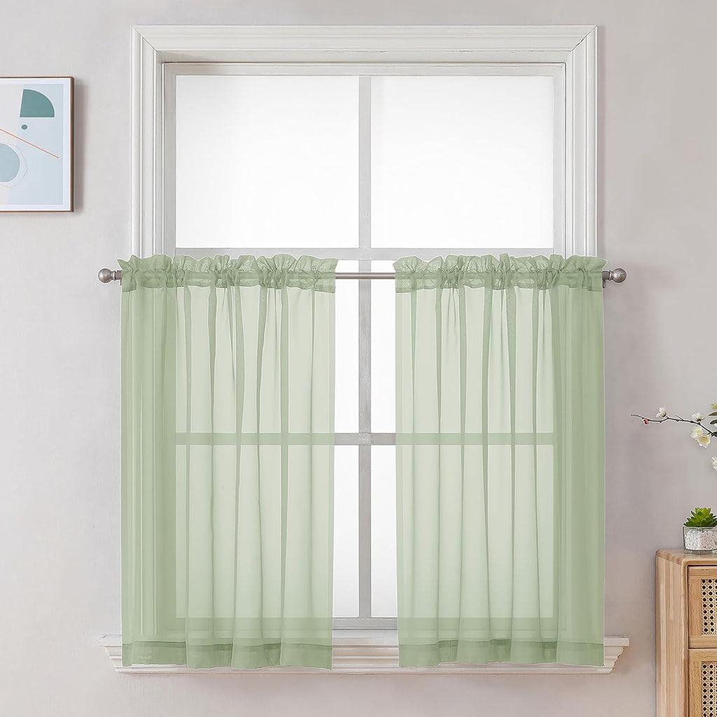 Chyhomenyc Light Green Sheer Curtains 36 inch Length 2 Panels Set, Light Filtering Voile Short Window Curtians for Bathroom Living Room Farmhouse Small Windows, Each 42Wx36L in, 2PCS