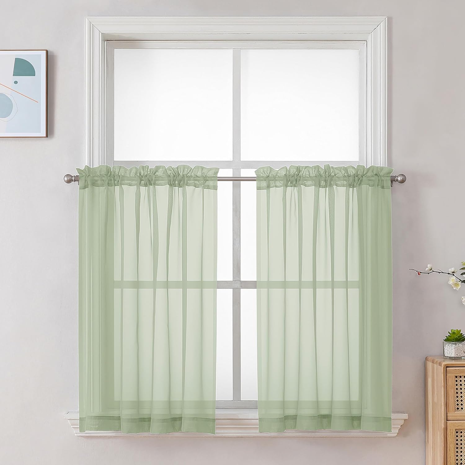Chyhomenyc Light Green Sheer Curtains 36 inch Length 2 Panels Set, Light Filtering Voile Short Window Curtians for Bathroom Living Room Farmhouse Small Windows, Each 42Wx36L in, 2PCS