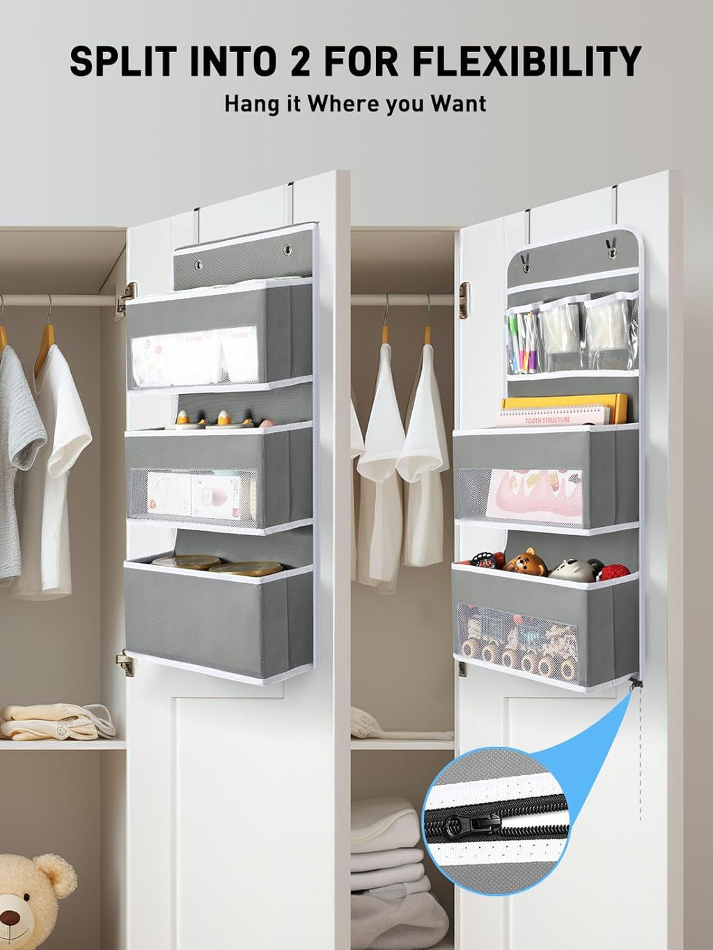 Yecaye 6-Tier Over the Door Storage Organizer, Flexible 1 Split into 2 Swing-proof Hanging Bathroom Storage Organization, Bedroom Organizer and Storage for Newborn Baby Essentials, Grey