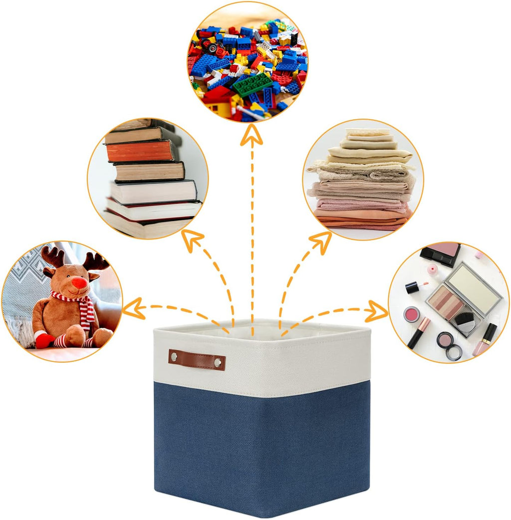 DULLEMELO Foldable Storage Cubes 12 x 12 Organizer Bins,Canvas Storage Bins Empty Gift Baskets for Organizing with SturdyLeather Handles, Closet Baskets for Nursery Storage(4 Pack - 12" White&Blue)