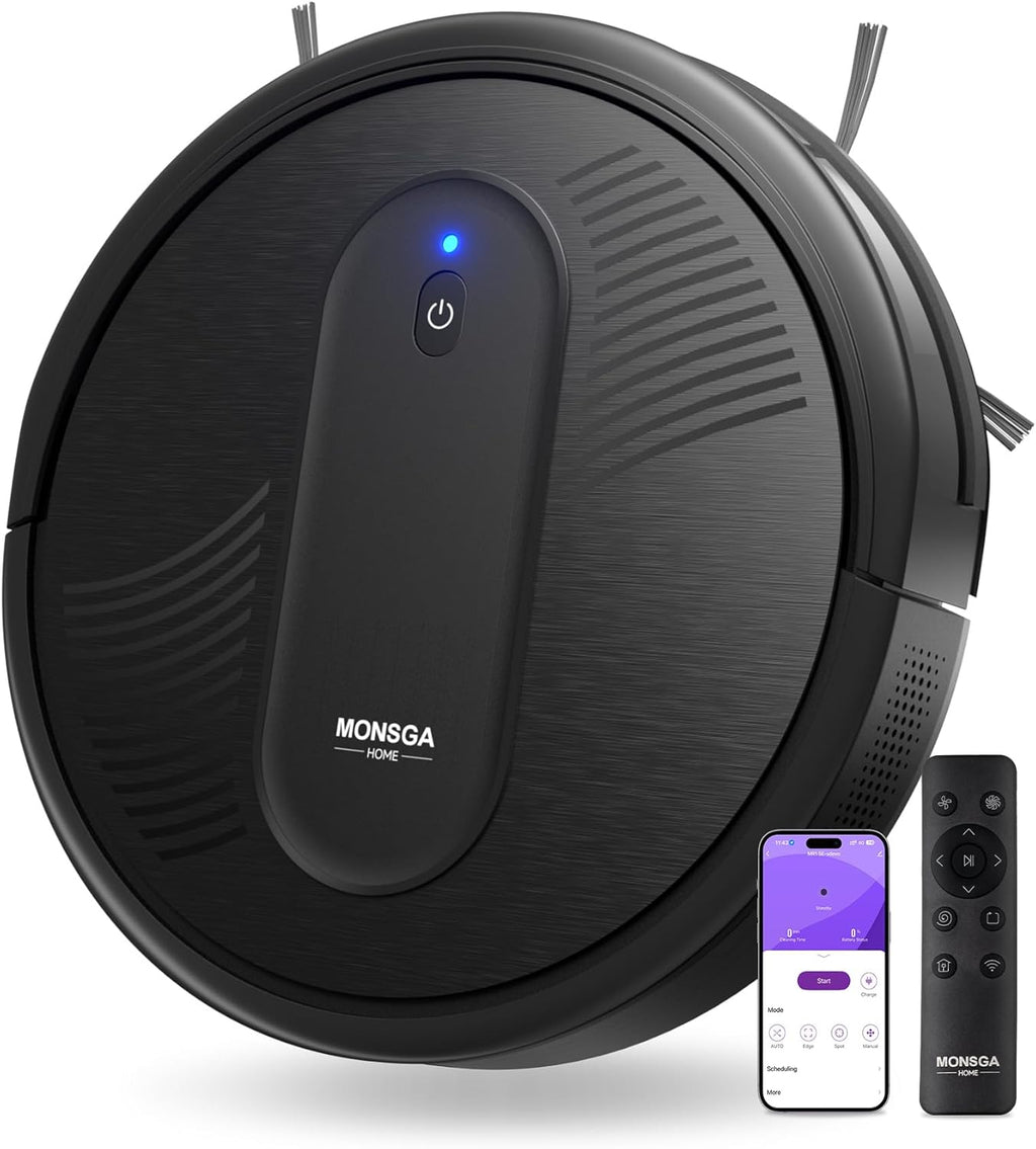 MONSGA Robot Vacuum Cleaner, 3000Pa Powerful Suction Robotic Vacuum, 3.2" Super-Slim, 140Min Runtime, Vacuum Robot for Hard Floor/Low Pile Carpet/Pet Hair, Remote/App/Voice Control, Schedule Clean