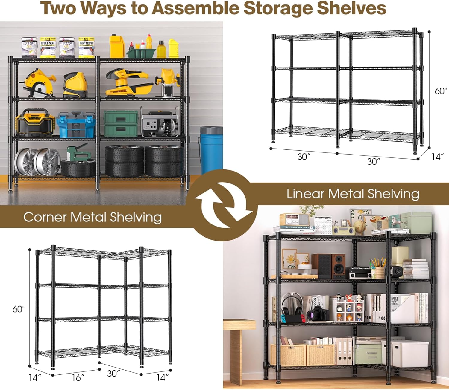 Himimi 4-Tier Heavy Duty Metal Storage Rack, 1200LBS Adjustable Wire Shelving for Storage, Standing Storage Shelf Units for Kitchen Garage Pantry Laundry, 60" W x 14" D x 60" H, Black