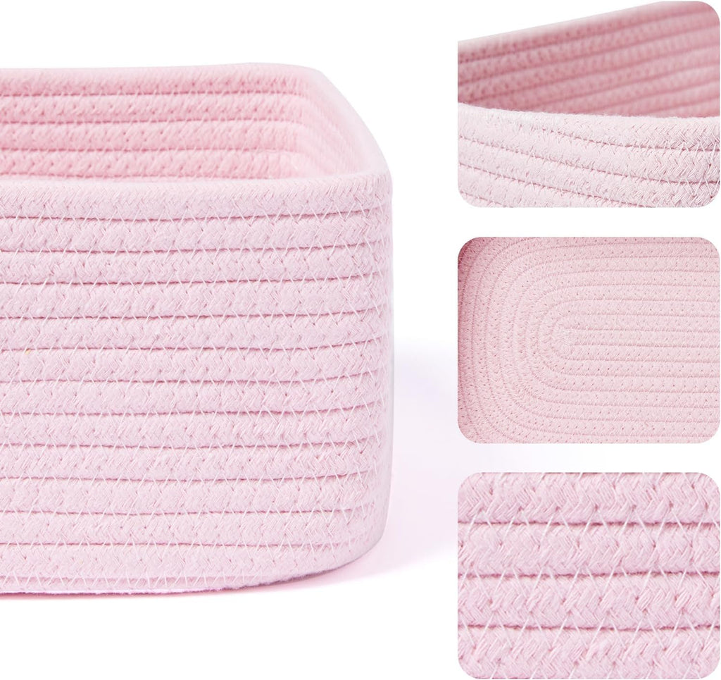 Small Storage Baskets for Organizing | Closet Organizer Bins | Shelf Toy Basket | Woven Rope Baskets | Cube Decorative Box | Shallow Basket | 11.5x7.5x4.7” | 3 Packs Pink