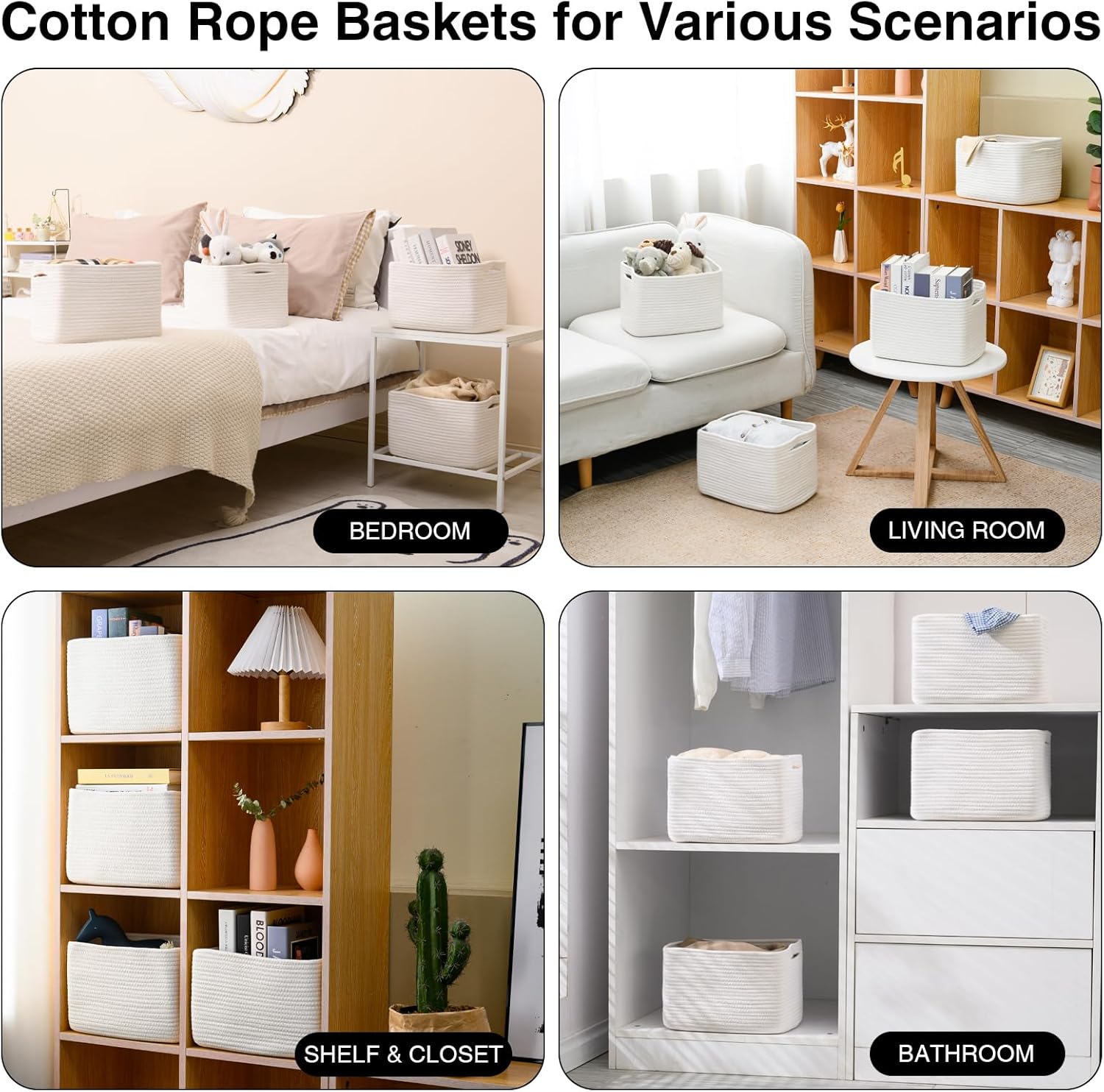 White Storage Baskets for Organizing, Woven Storage Baskets for Shelves, Cotton Rope Basket for Storage, Cute Rectangular Book Toy Basket, 12.7"×9.1"×7.9", 4 Packs, Off White