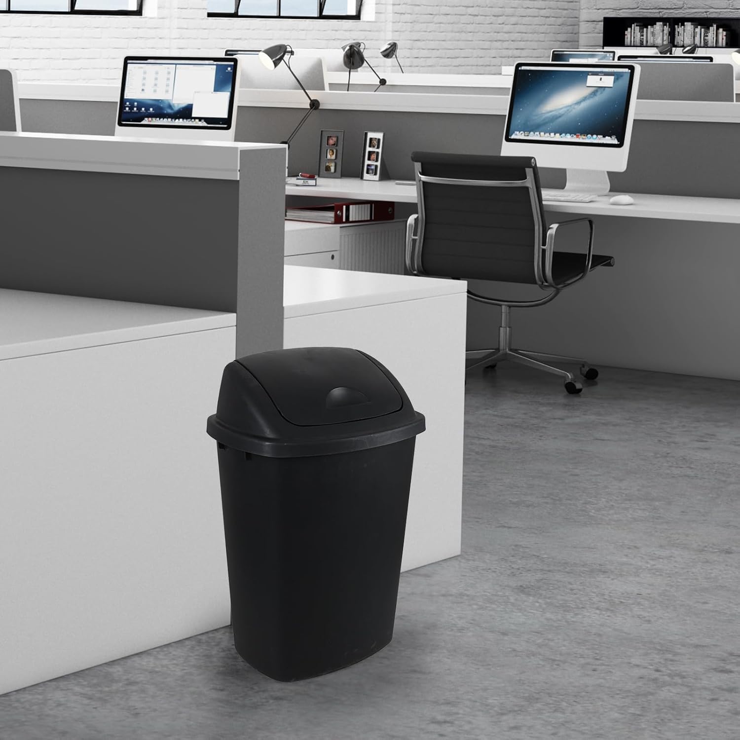 10 Gallon Plastic Garbage Bin with Lid, Swing Top Waste Container, Kitchen Trash Can with Swing Lid, Black, 4 Packs