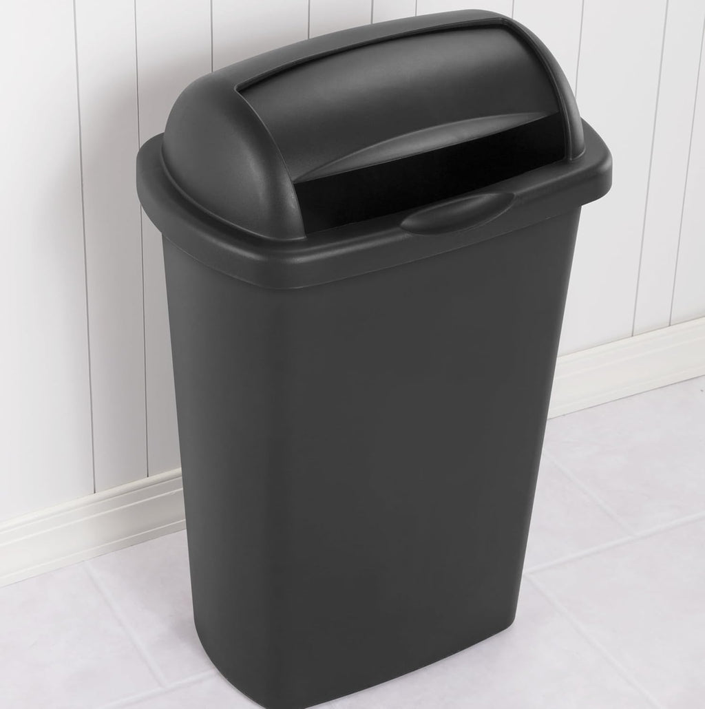 13 Gallon Roll Top Wastebasket – Lift-Open Kitchen Black Trash Can 13 Gallon, Large Office/Home Garbage Basket,Black