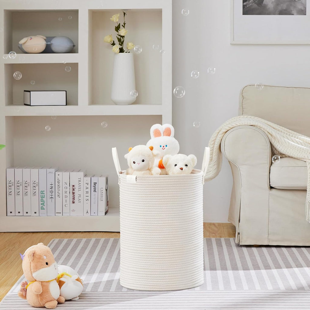 VIPOSCO Tall Laundry Basket, Large Dirty Clothes Hamper with Leather Handle, Woven Rope Storage Basket for Blanket, Toy In Living Room, Bathroom, Bedroom - 58L White