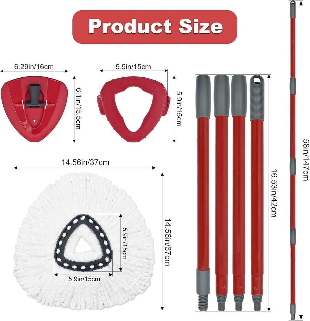 Mop Replace Head Mop Handle for O Cedar Mop, Mop Replacement for Ocedar Spin Mop Includes 2 Mop Heads Replacements 4-Section Mop Handle 1 Mop Base 1 Scrubber Mop Head for O-Cedar Spin Mop