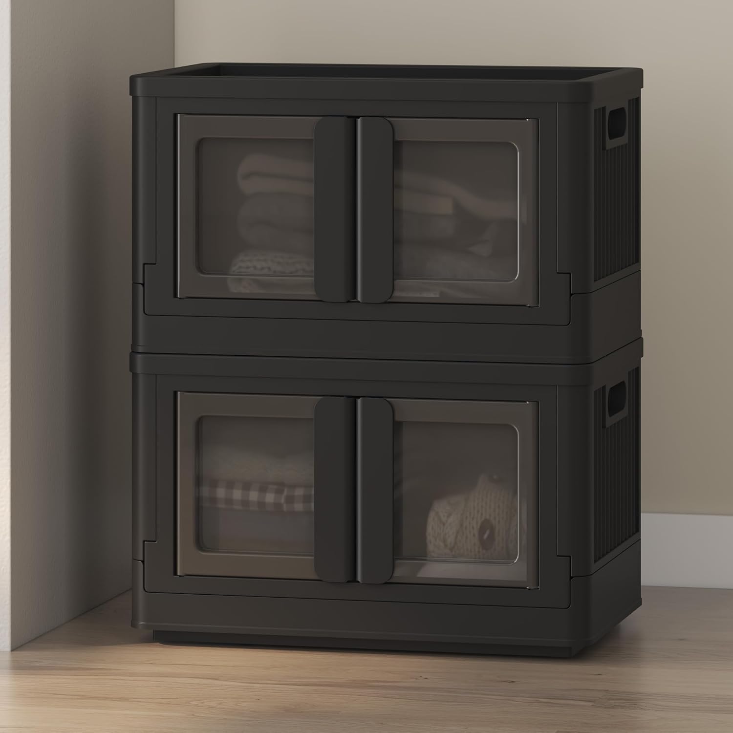 FLEXIMOUNTS 75 QT Stackable Storage Bins With Lids, Collapsible Plastic Storage Bins, Closet Organizers and Storage Containers with Doors and Built-in Wheels For Home, 2 Pack Cubes, Black