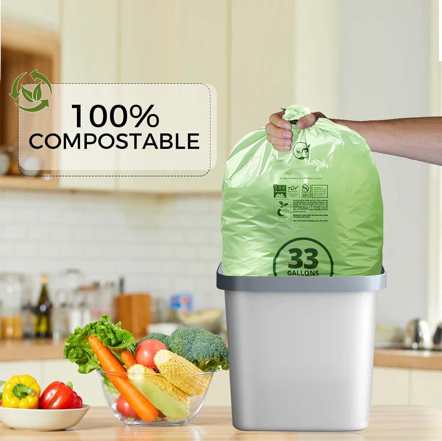 30-33 Gallon Compostable Trash Bags with Flat-Top, Heavy Duty Extra Thick 1.57 Mil, 124.92 Liter, 30 Bags, Large Lawn and Yard Waste Bag, ASTM D6400, US BPI and OK Compost Home Certified