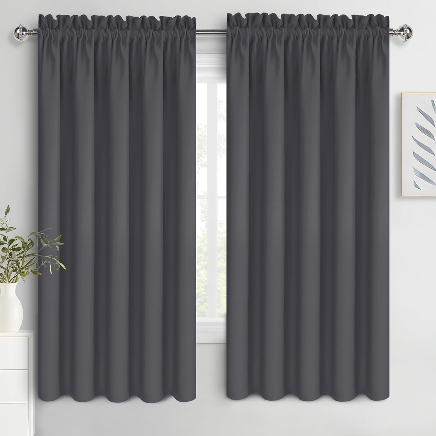 DWCN Bedroom Blackout Curtains 70 x 63 Inches Length 2 Panels Set, Solid Thermal Insulated Energy Saving Rod Pocket Window Treatment Curtains Blackout Drapes (W70 x L63 Inch, Dark Grey)