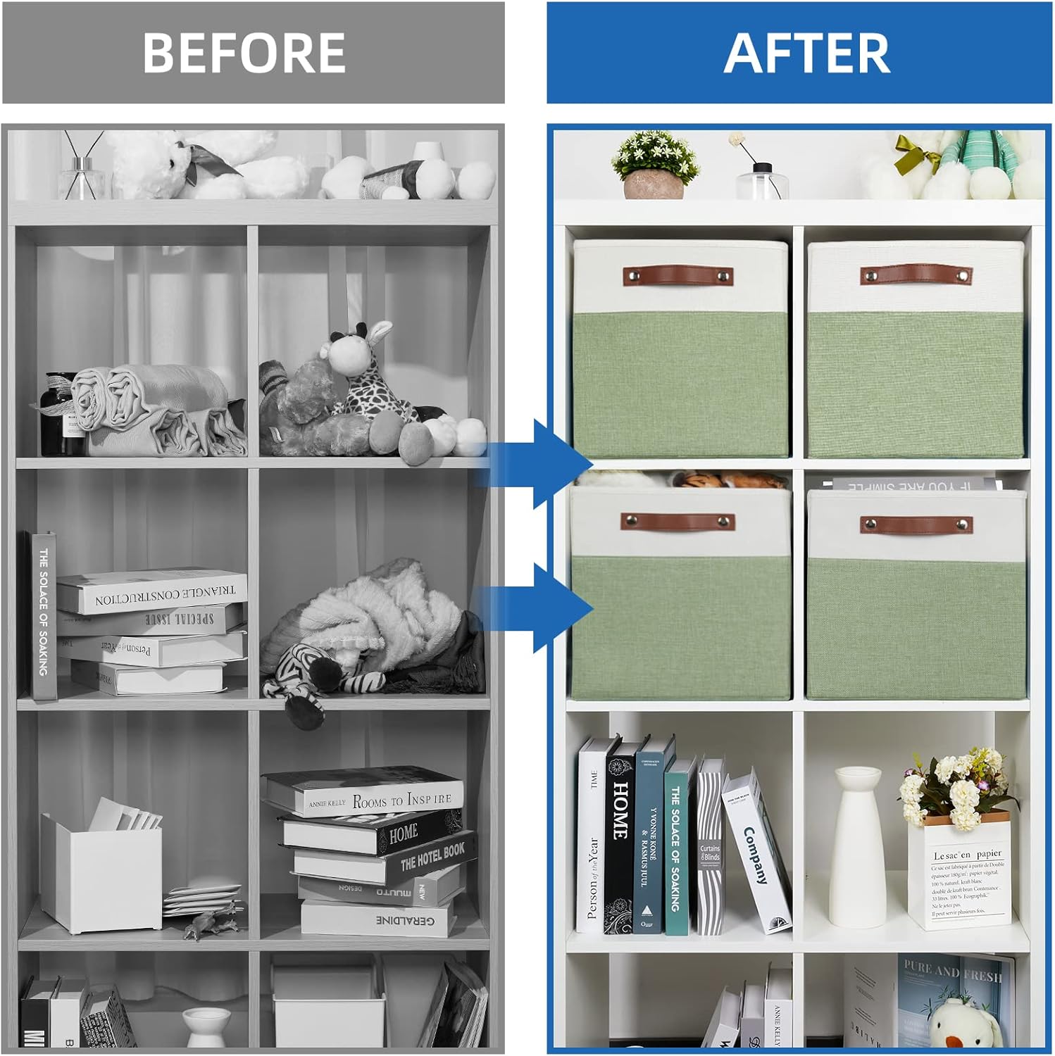 Temary 12 Inch Fabric Storage Cubes Storage Bins with Leather Handles, 4 Pack Cube Baskets Bins for Organizing Closet, Foldable Cloth Baskets for Shelves (White&Green)