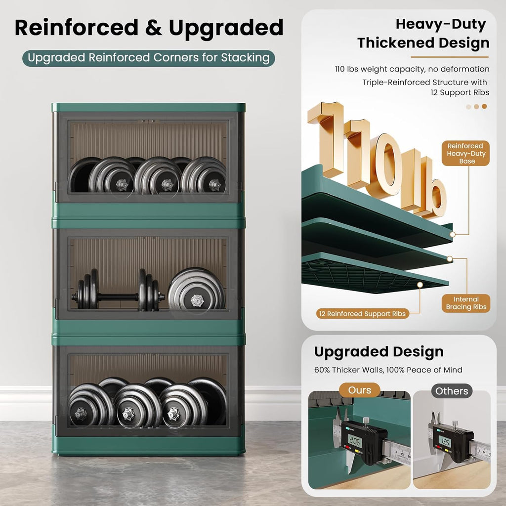 8.4Gal Collapsible Storage Bins with Lids & Wheels - 2 Pack Stackable with Doors, Heavy-Duty Plastic Containers for Home/Office, Green