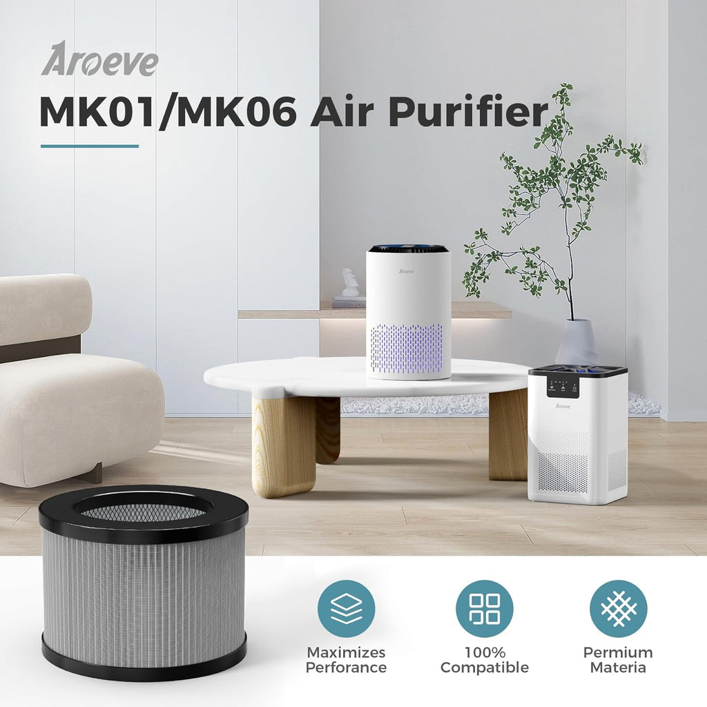 AROEVE MK01&MK06 Air Purifier Replacement Filter, Smoke Remove Material 4 -in-1 with Activated Carbon Mix, Against for Smoke, Odors, and VOCs, 2 Pack- Grey