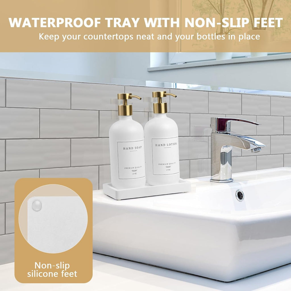 Soap Dispenser Bathroom - Kitchen Dish and Hand Soap Dispenser Set, Glass Bathroom Soap Lotion Dispenser with Pump, Tray, 14 Waterproof Labels, Set of 2 White Bottle/Gold Pump-pd